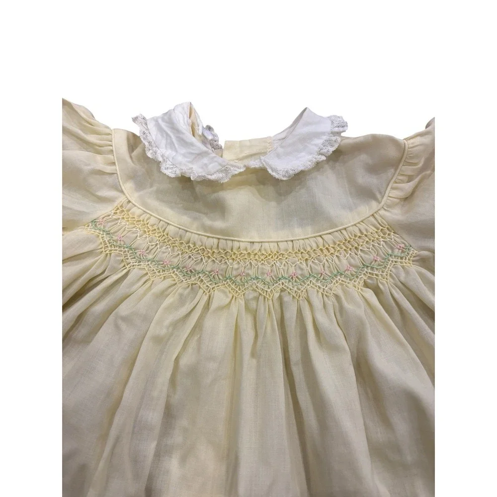 Vtg Polly‎ Flinders Baby Dress 24m Yellow Hand Smocked Lace Ruffle Cottagecore